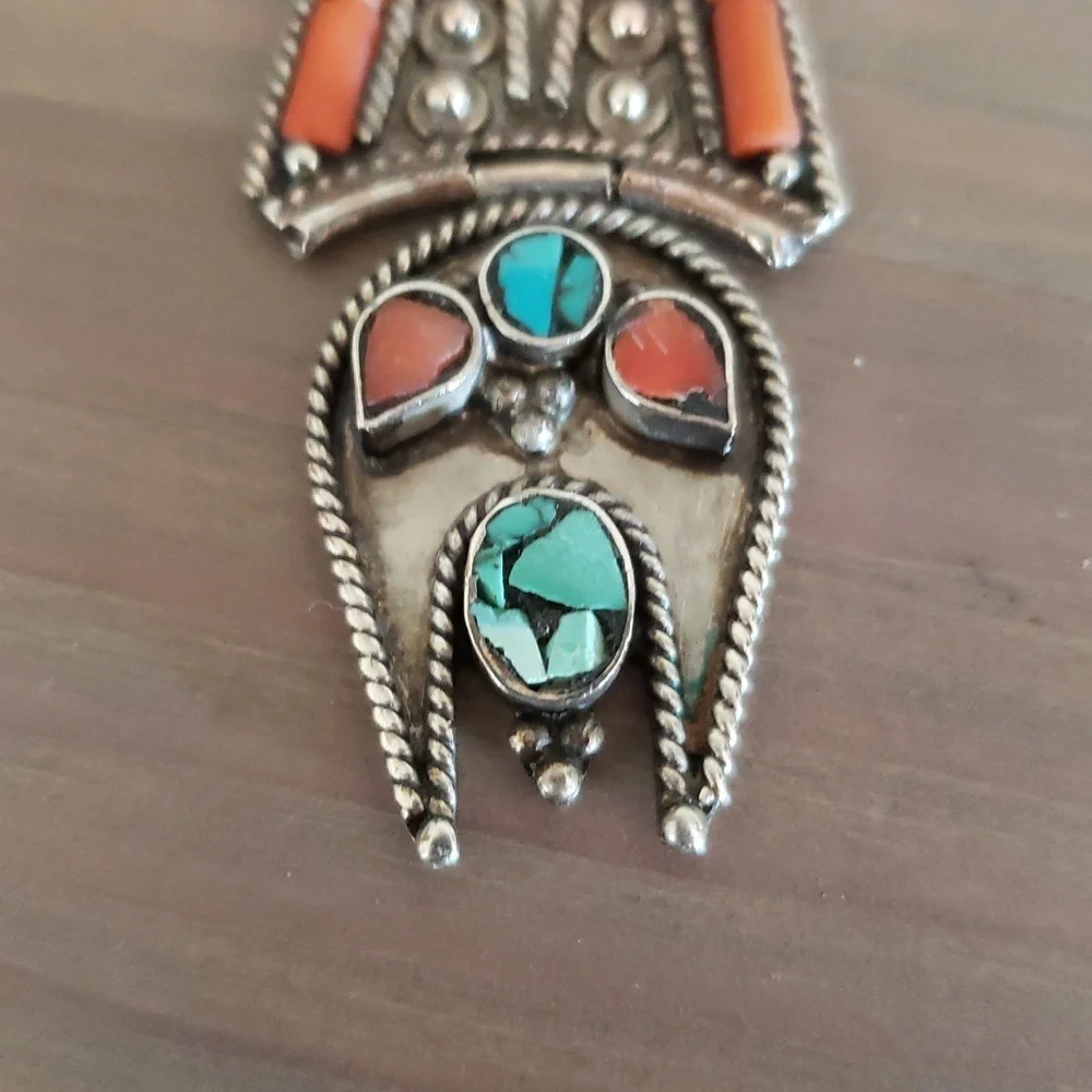 Vintage Turquoise and Coral Dangle Statement Tibethan Earrings